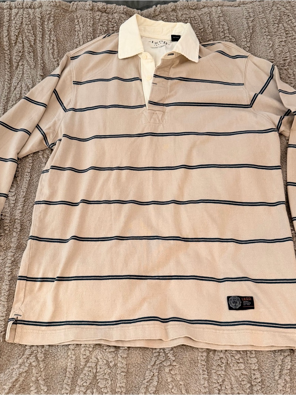 Izod Beige Rugby Polo with Navy Stripe Size: M